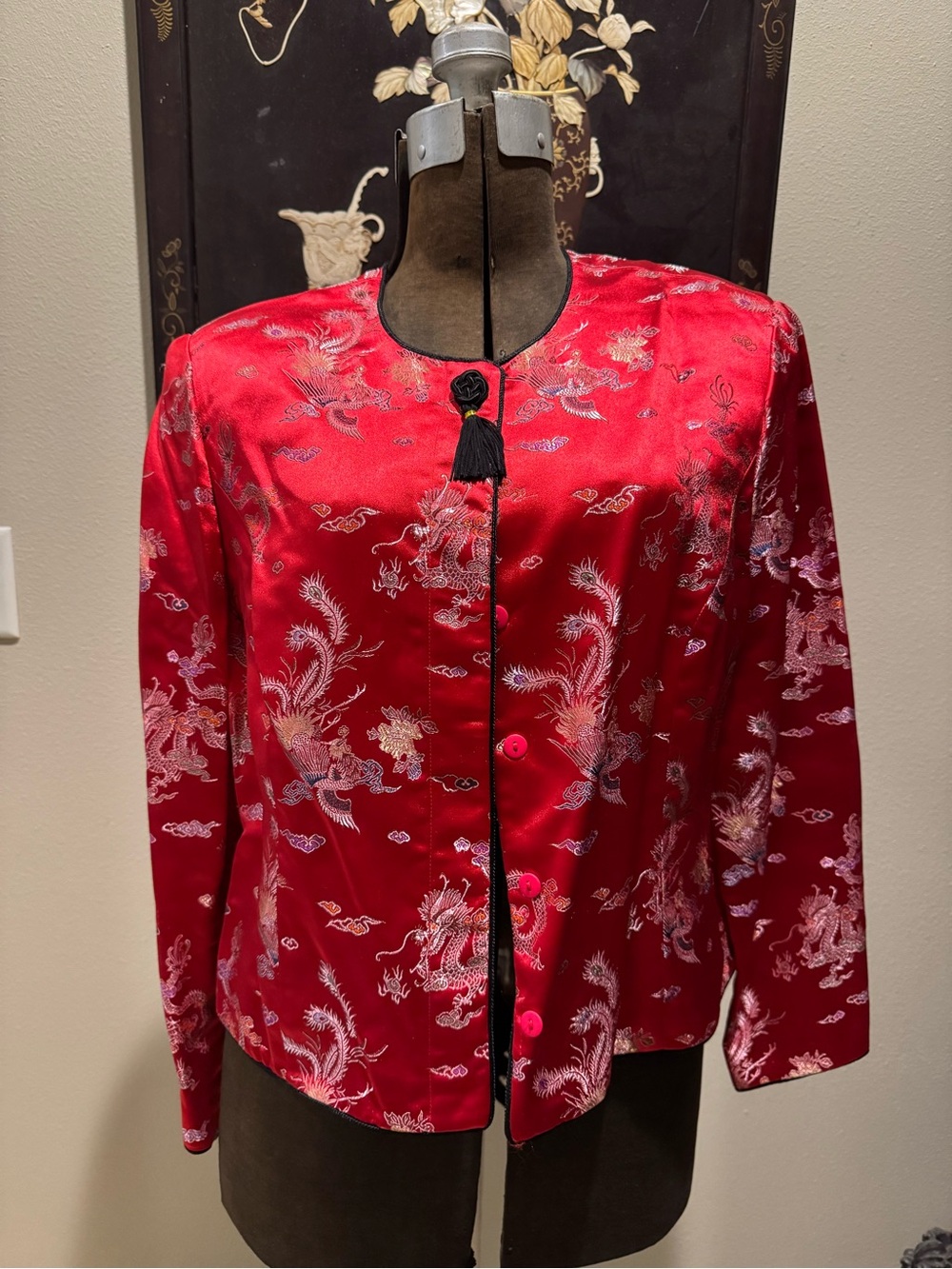 Maggie London Asian-Inspired Red Dragon & Phoenix Mandarin Jacket Sz 14 Petite